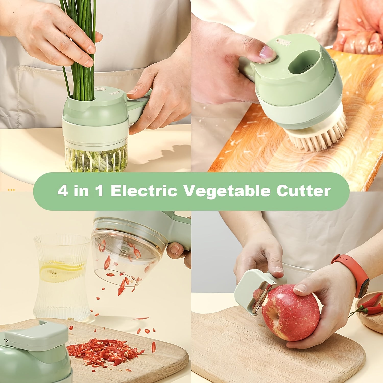 Multi-Functional Portable Wireless Vegetable Processor Electric 4-in-1 Vegetable Cutter Set, Easy to Charge, for Garlic, Chili, Celery, Meat, with Cleaning Brush, with Egg And Cream Whisk.
