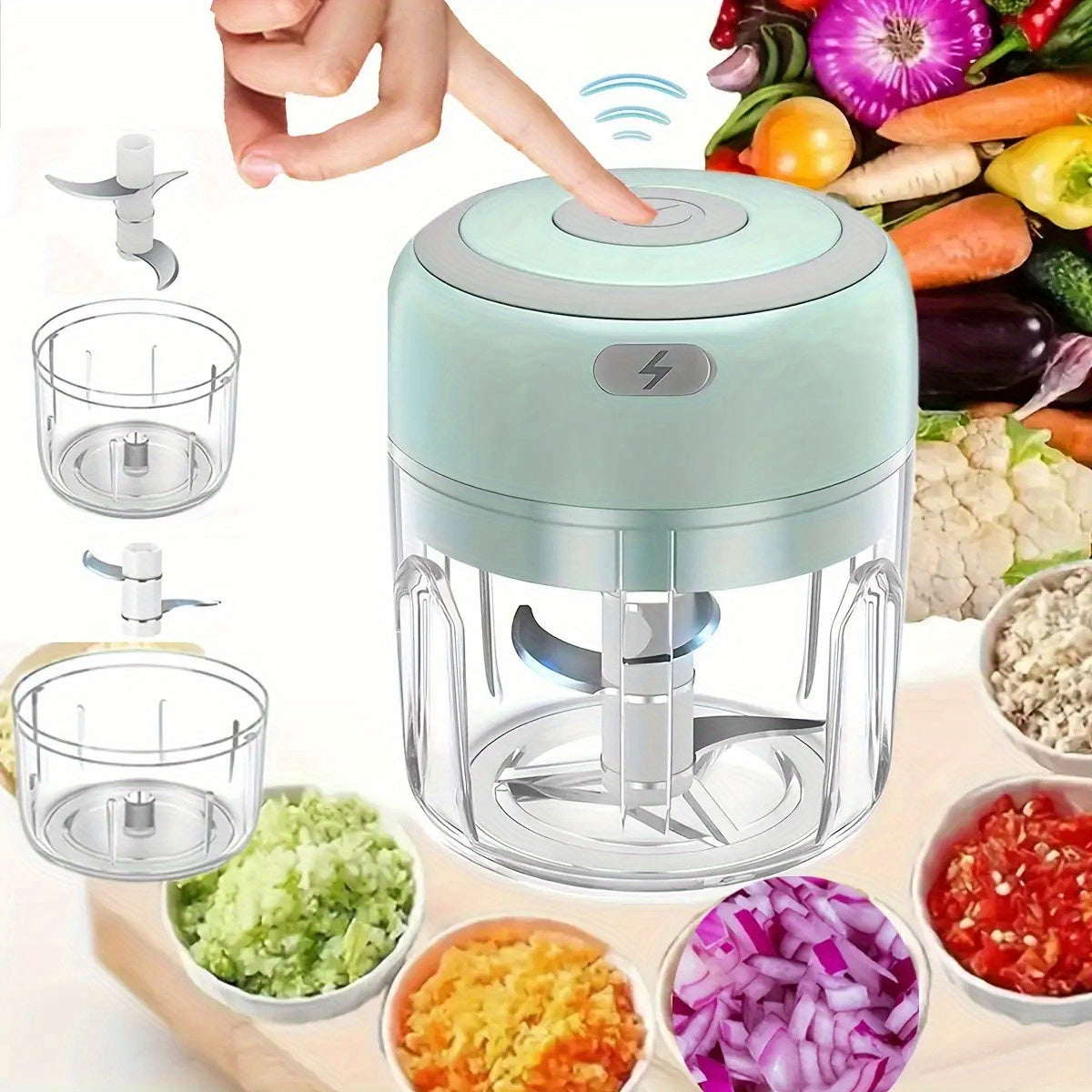 Electric Mini Food Processor with USB Charging, Powerful Motor, Compact Portable design, Locking Blade System, Clear Base, Lightweight for Garlic, Meat, Vegetables, Spices - Ideal for Home, Kitchen, Travel, Office - Compatible with USB-Powered Devices