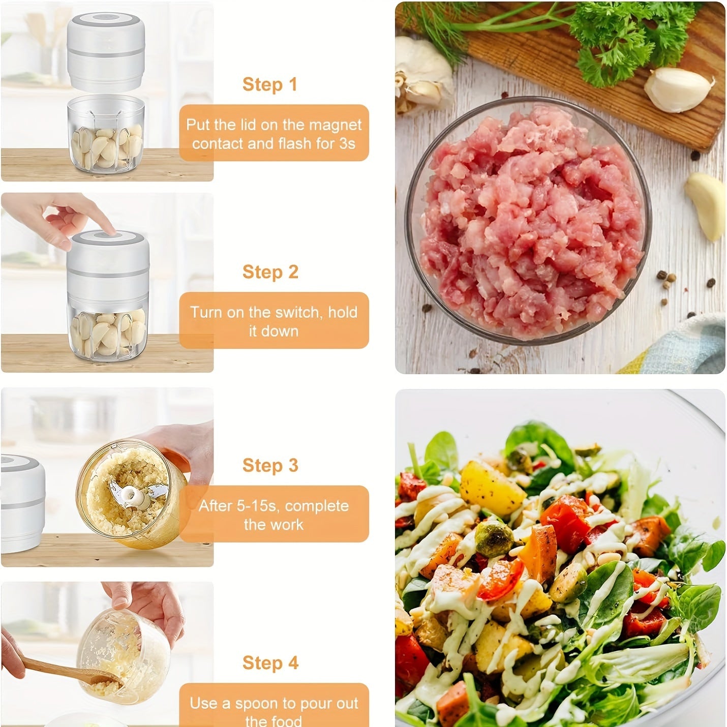 Electric Mini Food Processor with USB Charging, Powerful Motor, Compact Portable design, Locking Blade System, Clear Base, Lightweight for Garlic, Meat, Vegetables, Spices - Ideal for Home, Kitchen, Travel, Office - Compatible with USB-Powered Devices