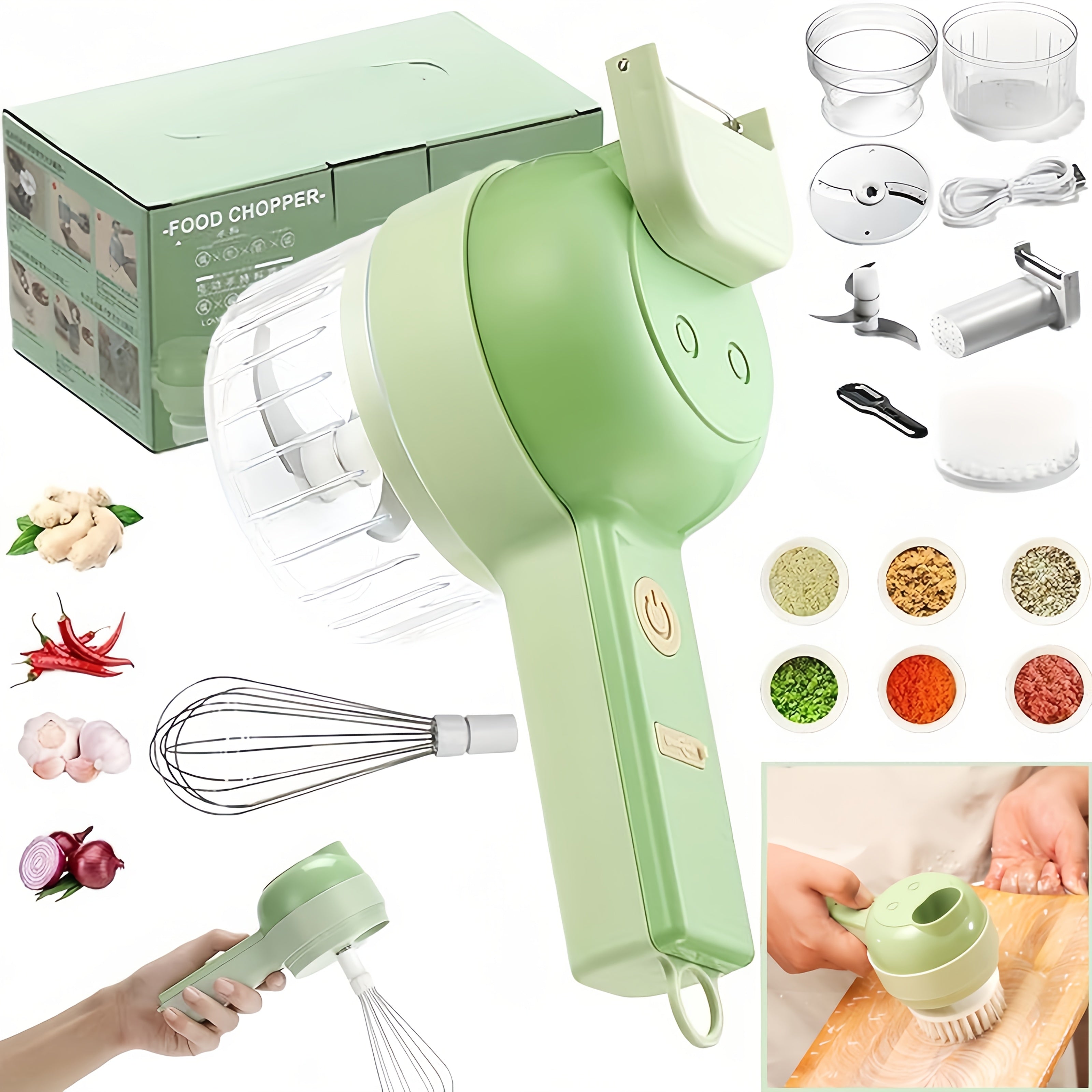 2025 Upgrade Portable Handheld 4in 1 Electric Vegetable Slicer, Electric Vegetable Cutter Set, Multifunctional vegetable Cutter& Slicer, Wireless Garlic Mud Masher, Fruit Slicers(green), Kitchen Gadget, Vegetable Slicing, Ergonomic Grip, Handheld Design,
