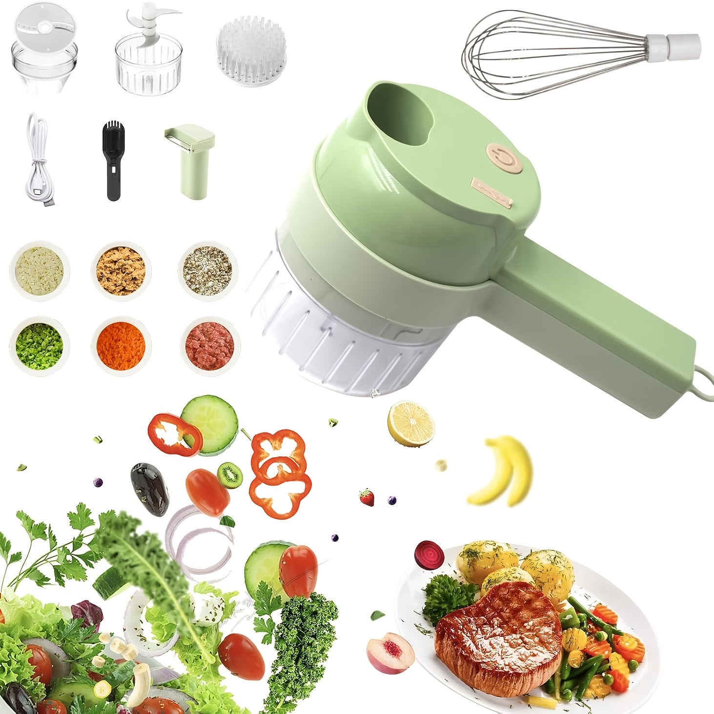 Multi-Functional Portable Wireless Vegetable Processor Electric 4-in-1 Vegetable Cutter Set, Easy to Charge, for Garlic, Chili, Celery, Meat, with Cleaning Brush, with Egg And Cream Whisk.
