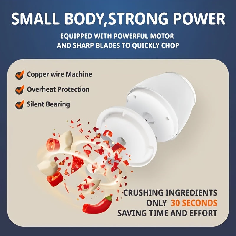 USB portable white garlic masher with vegetable cutter, kitchen utensils and gadgets, stainless steel blades, curved design for kitchen, restaurants, fruit, seasoning and spice grinder masher, Kitchen Gadget, Vegetable Chopper, Portable Tool, Sleek