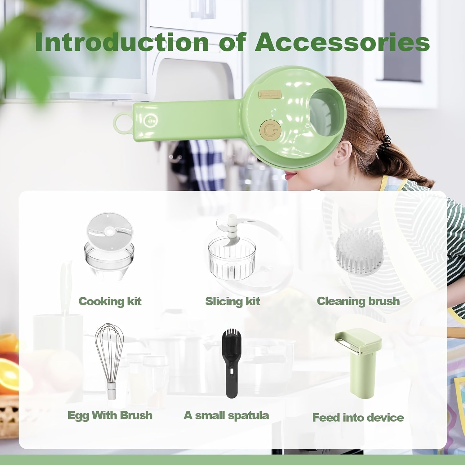 Multi-Functional Portable Wireless Vegetable Processor Electric 4-in-1 Vegetable Cutter Set, Easy to Charge, for Garlic, Chili, Celery, Meat, with Cleaning Brush, with Egg And Cream Whisk.