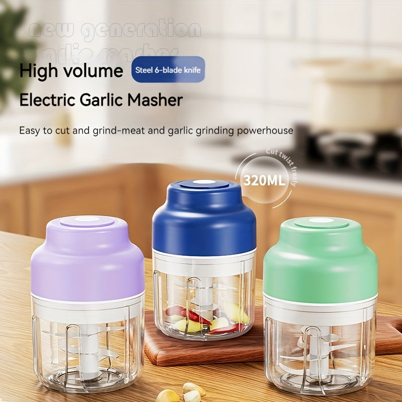 Portable USB Rechargeable Electric Garlic Maker - 320ml Large Capacity 6-Blade Stainless Steel Chopper with Auto-Mixing for Garlic, Meat, Veggies, Peppers, Ginger - Compact Kitchen Appliance, Home Cooking, Stylish Gadget, Durable Construction, Food