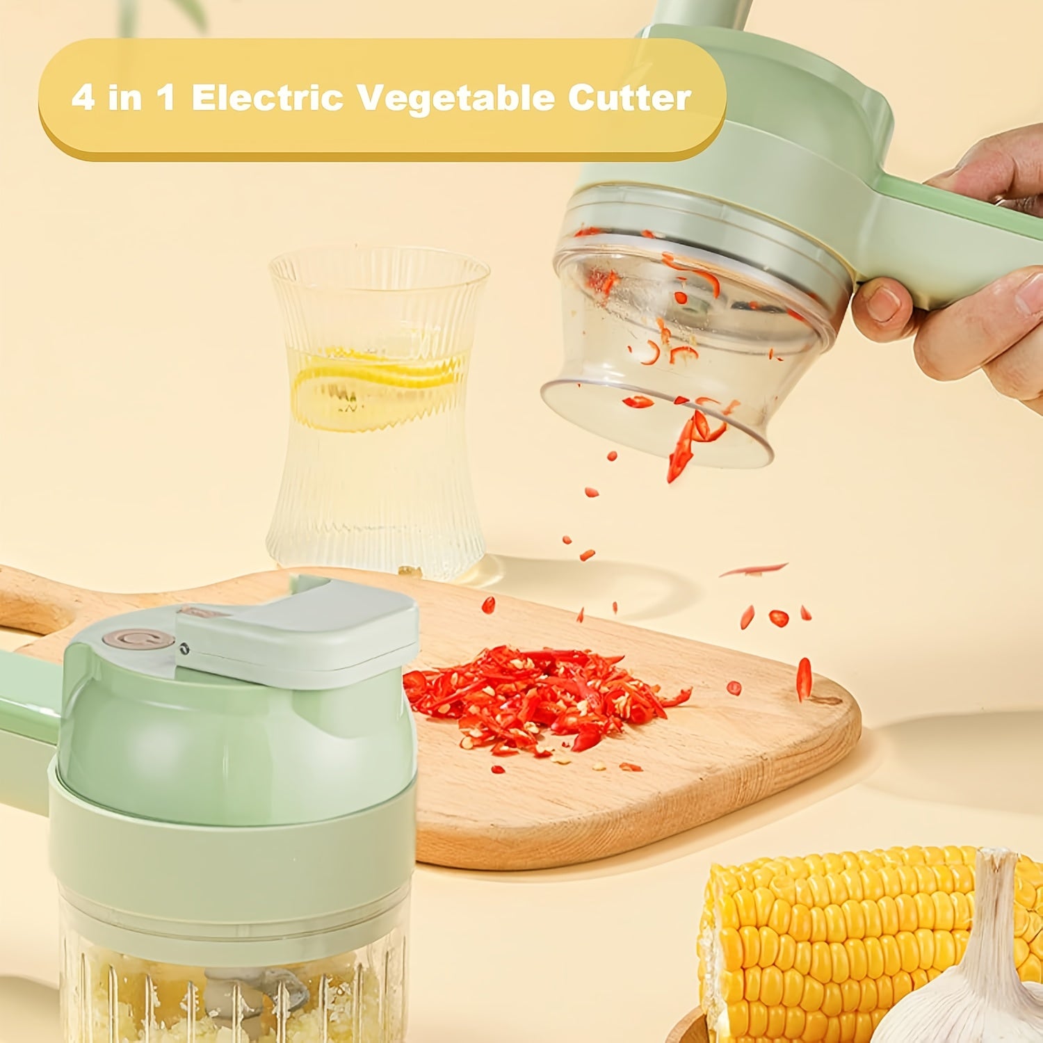 Multi-Functional Portable Wireless Vegetable Processor Electric 4-in-1 Vegetable Cutter Set, Easy to Charge, for Garlic, Chili, Celery, Meat, with Cleaning Brush, with Egg And Cream Whisk.