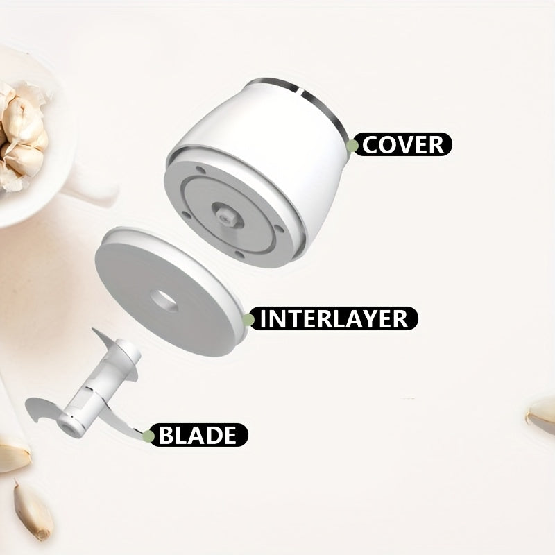 USB portable white garlic masher with vegetable cutter, kitchen utensils and gadgets, stainless steel blades, curved design for kitchen, restaurants, fruit, seasoning and spice grinder masher, Kitchen Gadget, Vegetable Chopper, Portable Tool, Sleek