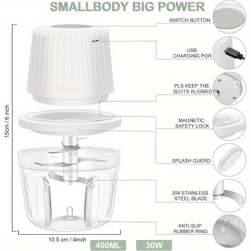 13.53oz Electric Garlic Chopper 6 Blades Garlic Grinder Mini Vegetable Chopper USB Portable Veggie Chopper Onion Mincer Food Processor for Ginger Chili Fruit Meat, Home Cooking, Quick Chopping, Sleek Grinder, Handheld Device, Efficient Chopper, Sharp,