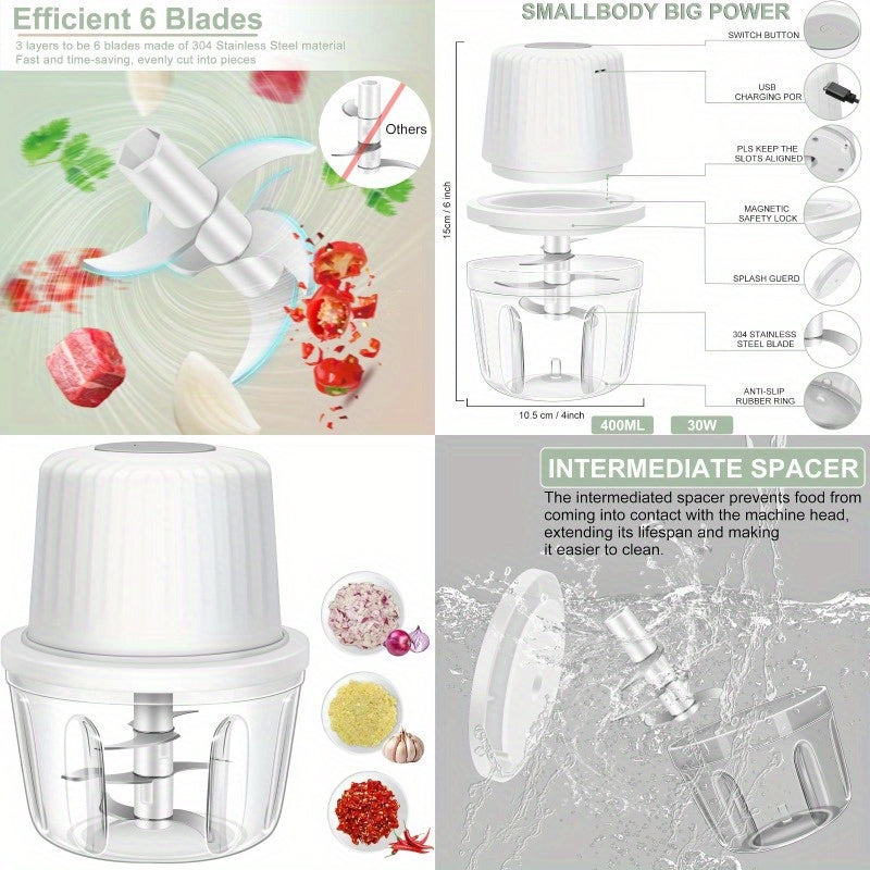 13.53oz Electric Garlic Chopper 6 Blades Garlic Grinder Mini Vegetable Chopper USB Portable Veggie Chopper Onion Mincer Food Processor for Ginger Chili Fruit Meat, Home Cooking, Quick Chopping, Sleek Grinder, Handheld Device, Efficient Chopper, Sharp,