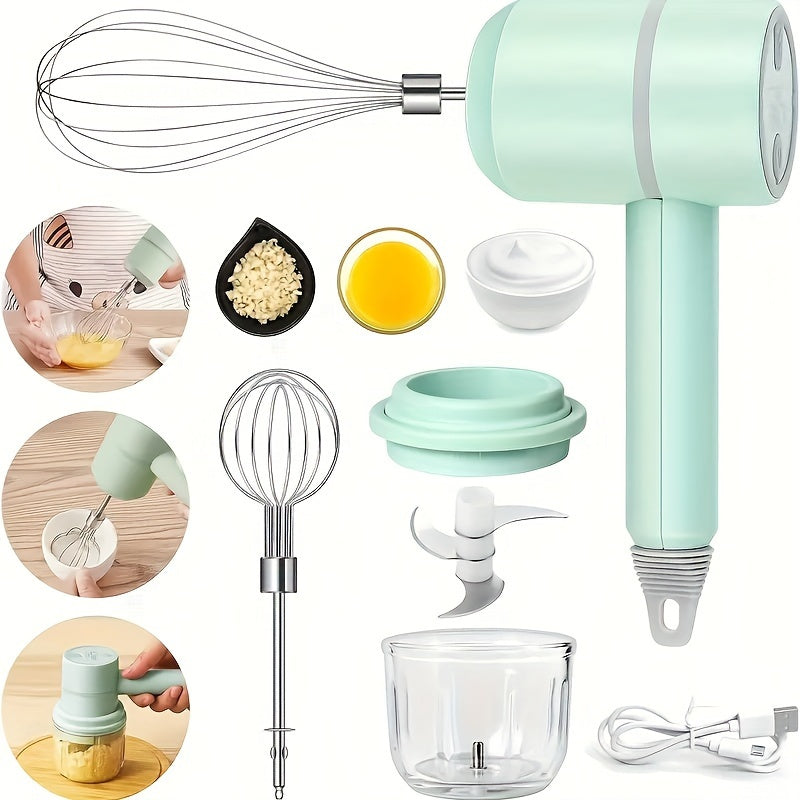 1 Set, Multifunctional Electric Garlic Masher & Egg Beater 2-in-1 Set, Rechargeable Portable Handheld Mixer & Mini Meat Grinder, USB Charging Kitchen Tool With Multiple Attachments For Cake Cream Baking