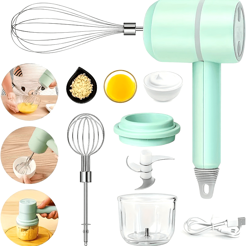 1 Set, Multifunctional Electric Garlic Masher & Egg Beater 2-in-1 Set, Rechargeable Portable Handheld Mixer & Mini Meat Grinder, USB Charging Kitchen Tool With Multiple Attachments For Cake Cream Baking