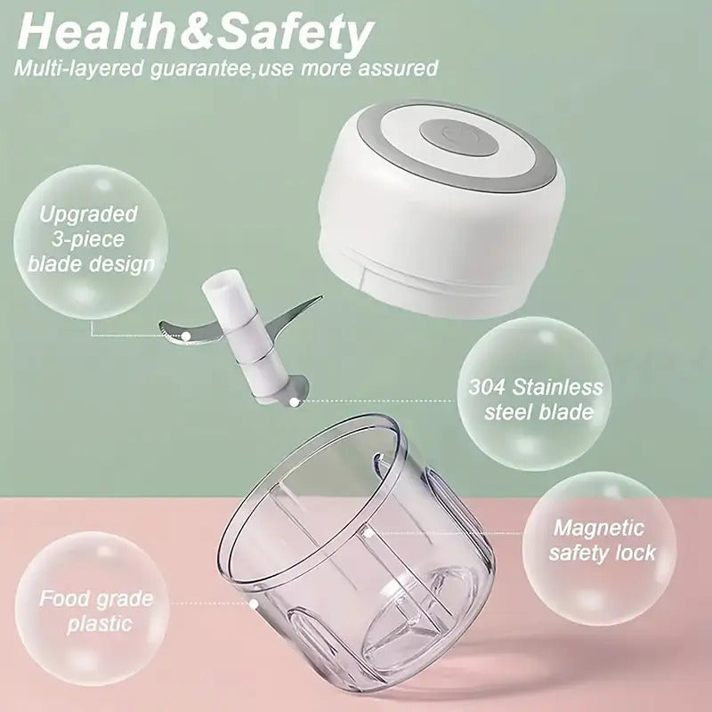 Electric Mini Food Processor with USB Charging, Powerful Motor, Compact Portable design, Locking Blade System, Clear Base, Lightweight for Garlic, Meat, Vegetables, Spices - Ideal for Home, Kitchen, Travel, Office - Compatible with USB-Powered Devices