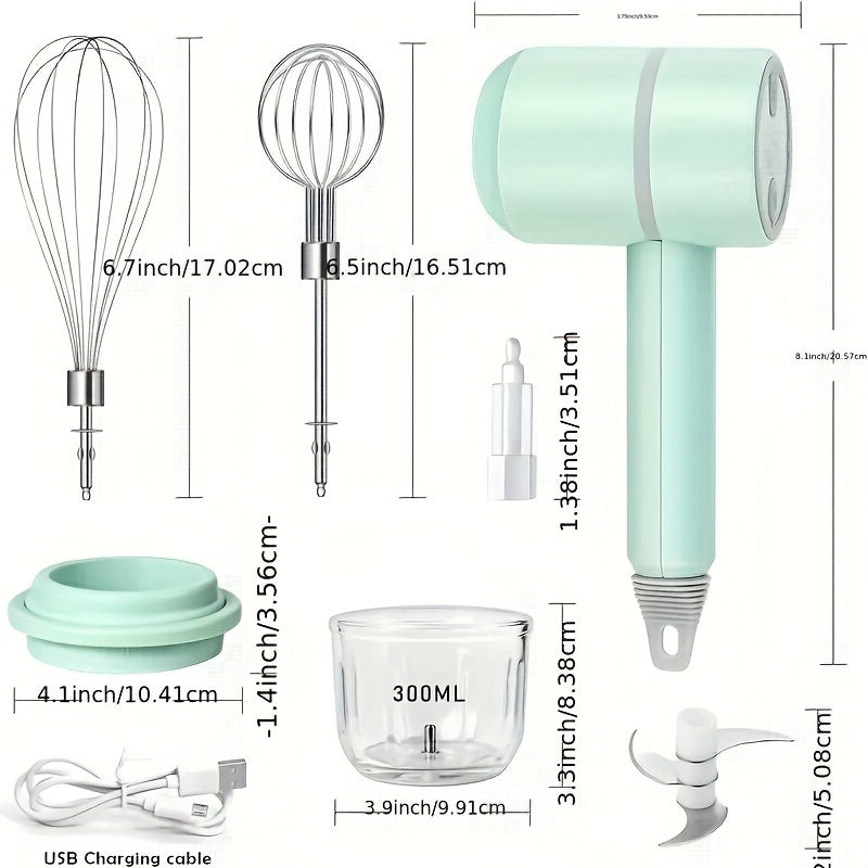 1 Set, Multifunctional Electric Garlic Masher & Egg Beater 2-in-1 Set, Rechargeable Portable Handheld Mixer & Mini Meat Grinder, USB Charging Kitchen Tool With Multiple Attachments For Cake Cream Baking